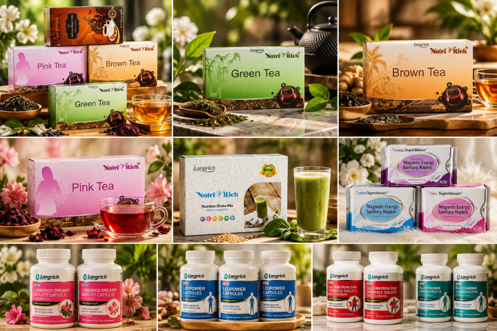 Collage chaleureux de produits bien être Longrich